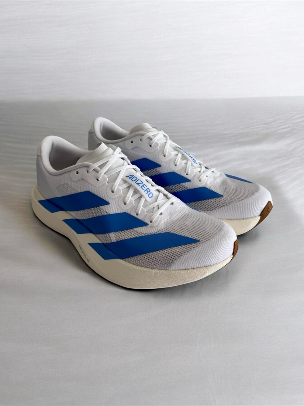 Adidas Women’s White and Blue Adizero EVO SL Running Shoes Size 9.5